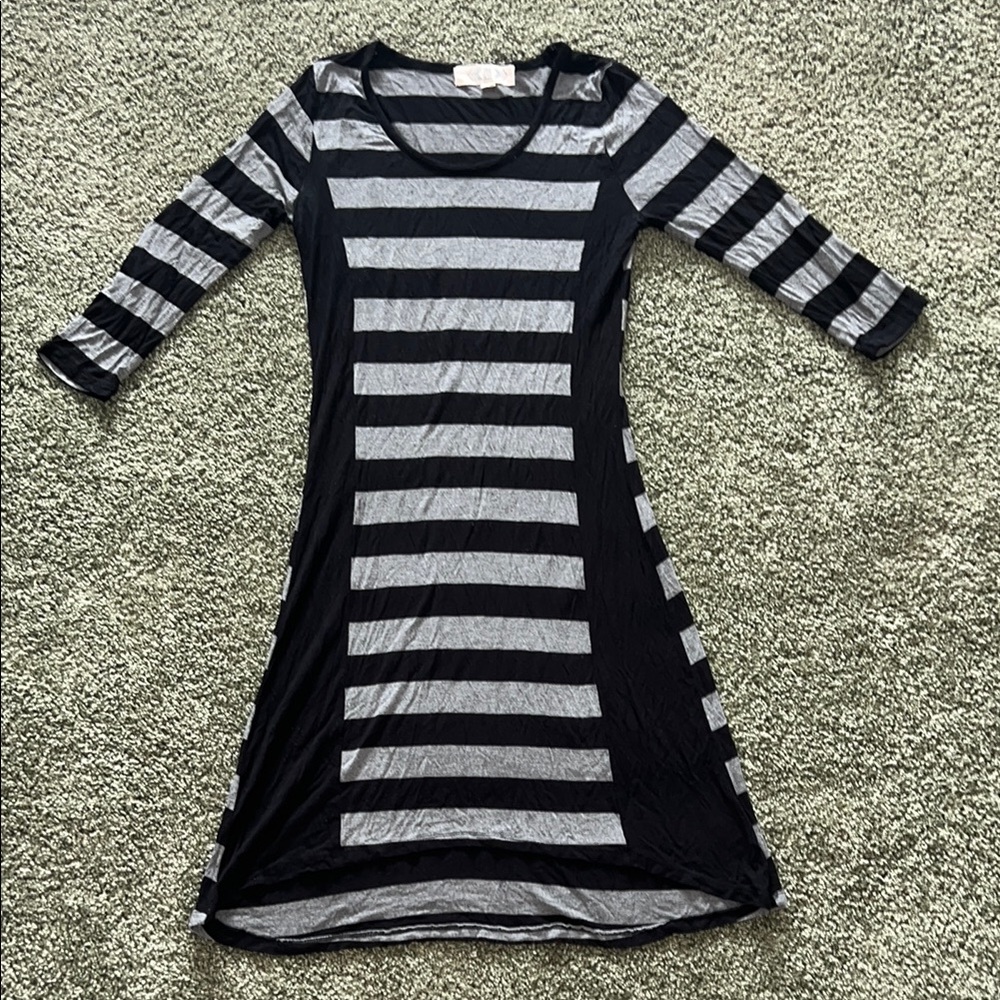 Pink Rose Petite Striped Dress | Black & Gray | Shaping Side Panels | Size M